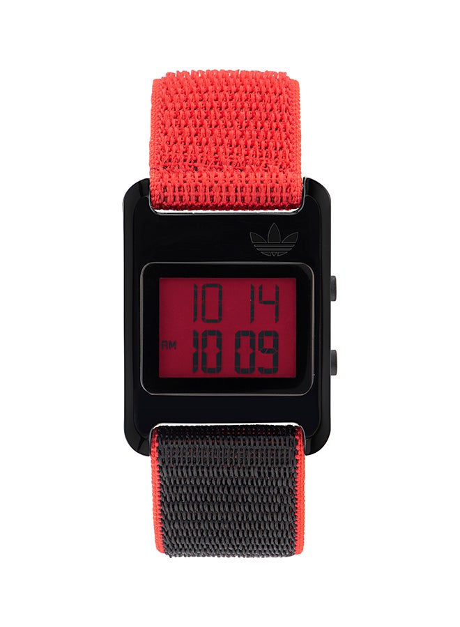 ساعة رقمية، علبة من الراتنج الأسود، قرص أحمر، حزام نايلون أسود وأحمر