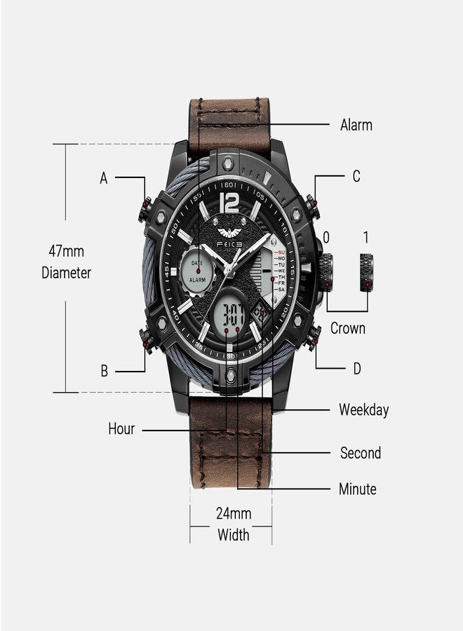 FEICE Men's Watch Wristwatches Chronograph Sport Watch Japanese Quartz Analog-Digital Waterproof Watches FK038 Multifunctional Luminescent Industrial Style Punk Watch-Black, Multicolor - Image 3