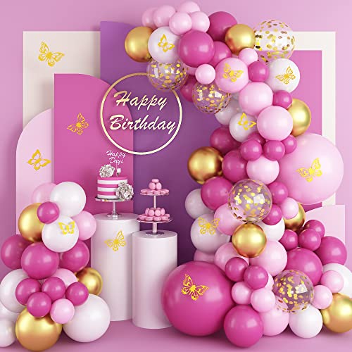 Lazybeee Pink Gold Balloon Garland Arch Kit |77 Pcs Butterfly Stickers Pink White Metallic Gold Confetti Latex Balloons for Wedding Birthday Graduation Anniversary Bachelorette Party Decorations - Image 1
