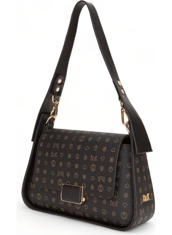 Bilik Deri Bilik Leather Monogram Black Women's Shoulder Bag Riv 122-MN