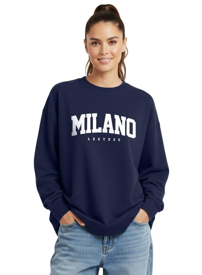 LEOTUDE Women Loose Fit Full Sleeve Round Neck Loopknit Sweatshirt (SP-WZS3BJP2JXSYIK7I_Navy_M) - Image 1