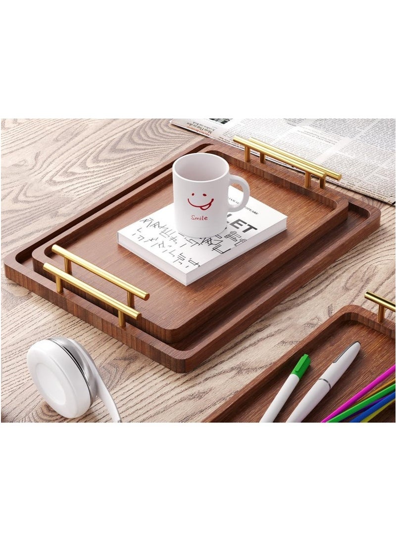 ميون مجموعة من 3 صواني تقديم من الخيزران بمقابض معدنية، صواني عثمانية مزخرفة، طبق لتناول الإفطار والعمل والتخزين والحفلات، لون بني - Image 5