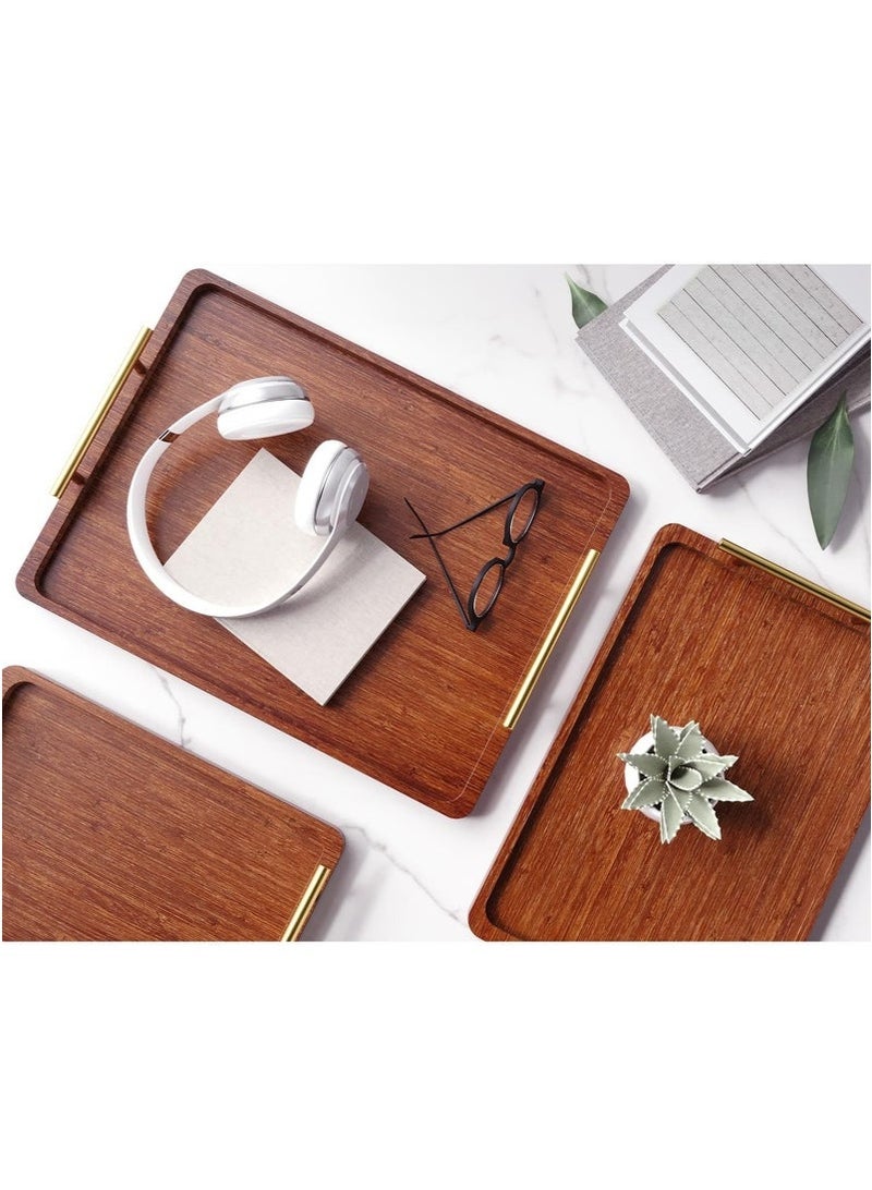 ميون مجموعة من 3 صواني تقديم من الخيزران بمقابض معدنية، صواني عثمانية مزخرفة، طبق لتناول الإفطار والعمل والتخزين والحفلات، لون بني - Image 4