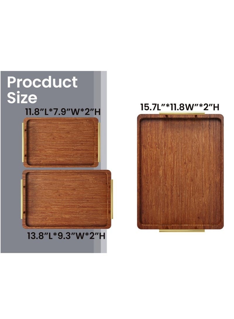 ميون مجموعة من 3 صواني تقديم من الخيزران بمقابض معدنية، صواني عثمانية مزخرفة، طبق لتناول الإفطار والعمل والتخزين والحفلات، لون بني - Image 3