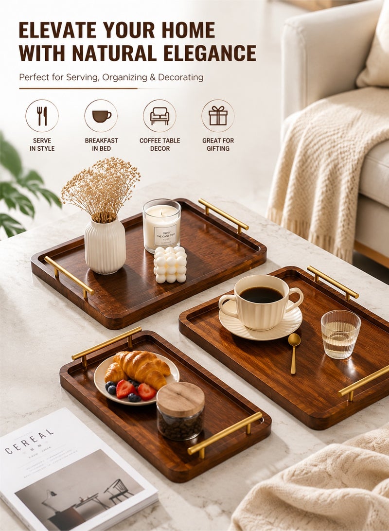 ميون طقم 3 صواني تقديم من الخيزران مع مقابض معدنية – صينية طاولة أوتومان، صينية إفطار للسرير، صواني ديكور وتقديم للمطبخ والضيوف والحفلات - Image 2