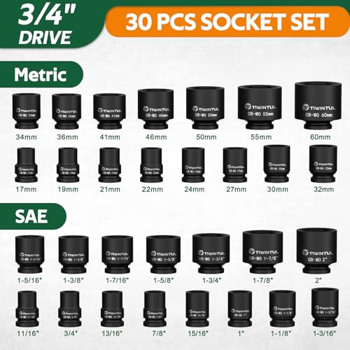 TIWINTUL 3/4 Inch Drive Impact Socket Set, 6-Point Design, CR-MO Steel, 30 PCS Large Impact Socket Set, SAE (11/16” to 2”) and Metric (17mm to 60mm), Rugged Construction, Heavy Duty Impact Sockets - Image 2