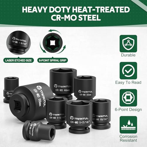 TIWINTUL 3/4 Inch Drive Impact Socket Set, 6-Point Design, CR-MO Steel, 30 PCS Large Impact Socket Set, SAE (11/16” to 2”) and Metric (17mm to 60mm), Rugged Construction, Heavy Duty Impact Sockets - Image 3
