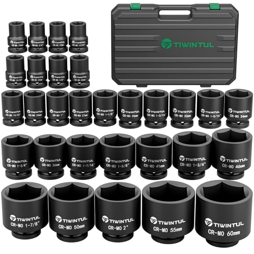 TIWINTUL 3/4 Inch Drive Impact Socket Set, 6-Point Design, CR-MO Steel, 30 PCS Large Impact Socket Set, SAE (11/16” to 2”) and Metric (17mm to 60mm), Rugged Construction, Heavy Duty Impact Sockets - Image 1