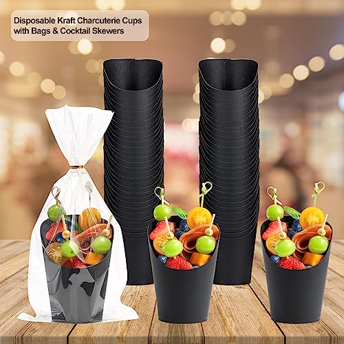 WixiTool Disposable Charcuterie Cups 60 PCS with 200PCS Sticks and 60PCS Bags, 14 oz Kraft Paper Snack Boxes Appetizers Cup French Fry Holder with Cocktail Skewers Toothpicks Tooth Picks, Black - Image 3