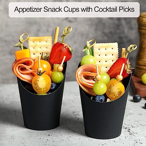 WixiTool Disposable Charcuterie Cups 60 PCS with 200PCS Sticks and 60PCS Bags, 14 oz Kraft Paper Snack Boxes Appetizers Cup French Fry Holder with Cocktail Skewers Toothpicks Tooth Picks, Black - Image 2
