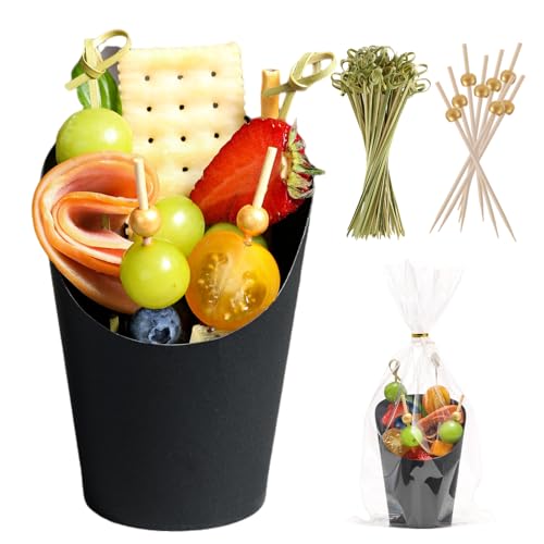 WixiTool Disposable Charcuterie Cups 60 PCS with 200PCS Sticks and 60PCS Bags, 14 oz Kraft Paper Snack Boxes Appetizers Cup French Fry Holder with Cocktail Skewers Toothpicks Tooth Picks, Black - Image 1