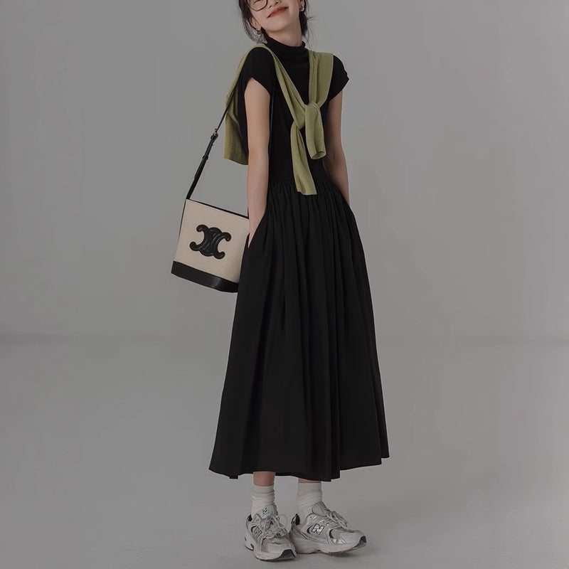 Black French Vintage A-Line Dress with Short Sleeves and High Waist - Image 3