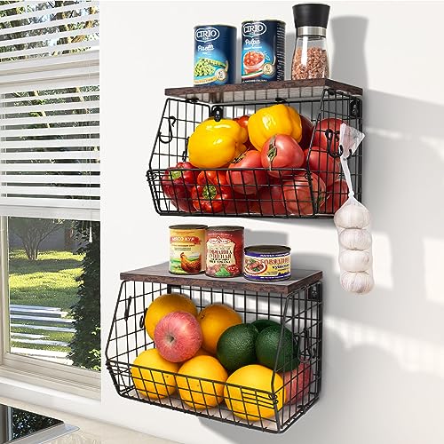 Mefirt Fruit Bowl, Stackable Wall Mounted Fruit Basket of Smooth Wood Lid with 4 Banana Hanger Hooks, Metal Kitchen Counter Organizer for Snack, Fruit and Vegetable Storage, 11.8 * 7.9 * 8.5 Inches - Image 1