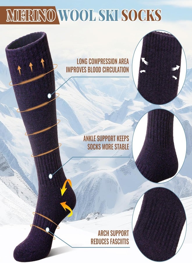 Eocom Unisex Merino Wool Ski Socks Thermal Warm Winter Thick Knee High Long Snowboarding Boot Socks for Women Men 3 Pairs(Pink/Navy/Purple, Medium) - Image 4