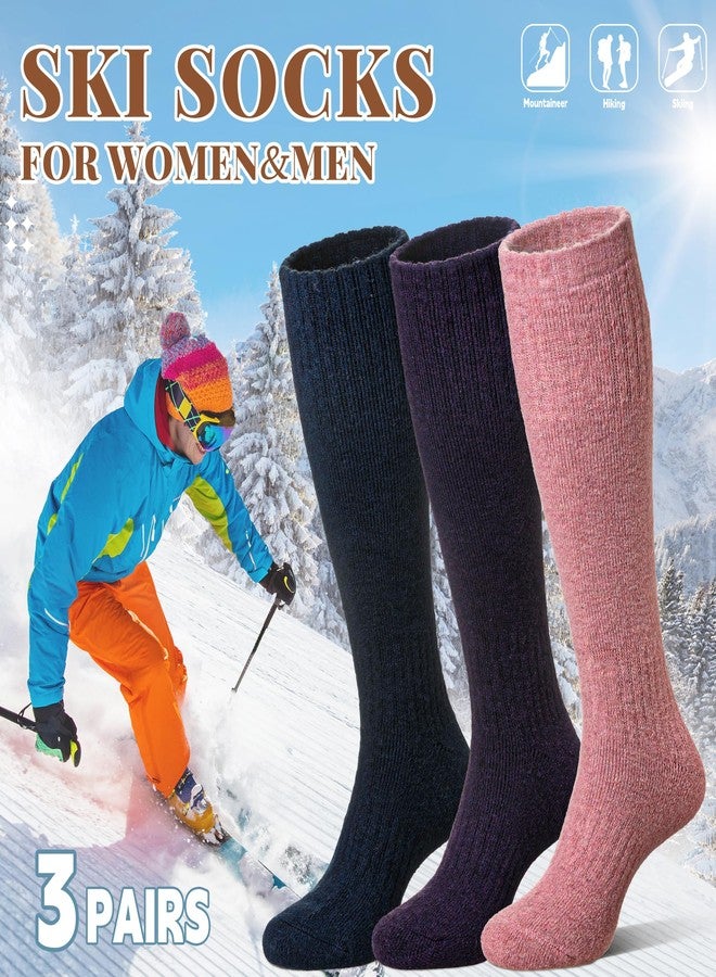 Eocom Unisex Merino Wool Ski Socks Thermal Warm Winter Thick Knee High Long Snowboarding Boot Socks for Women Men 3 Pairs(Pink/Navy/Purple, Medium) - Image 2