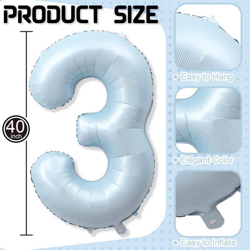 Froova 3rd Birthday Balloons for Boys, 40'' Foil Self Inflating Light Matte Blue Number 3 Balloon, Pastel Sky Blue Large Mylar 3 Balloon Number for Kids 3 Yeal Old Birthday Party Decor Anniversary Decoration - Image 2