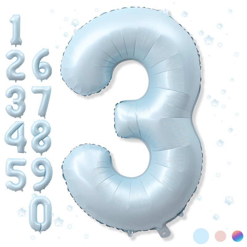 Froova 3rd Birthday Balloons for Boys, 40'' Foil Self Inflating Light Matte Blue Number 3 Balloon, Pastel Sky Blue Large Mylar 3 Balloon Number for Kids 3 Yeal Old Birthday Party Decor Anniversary Decoration - Image 1