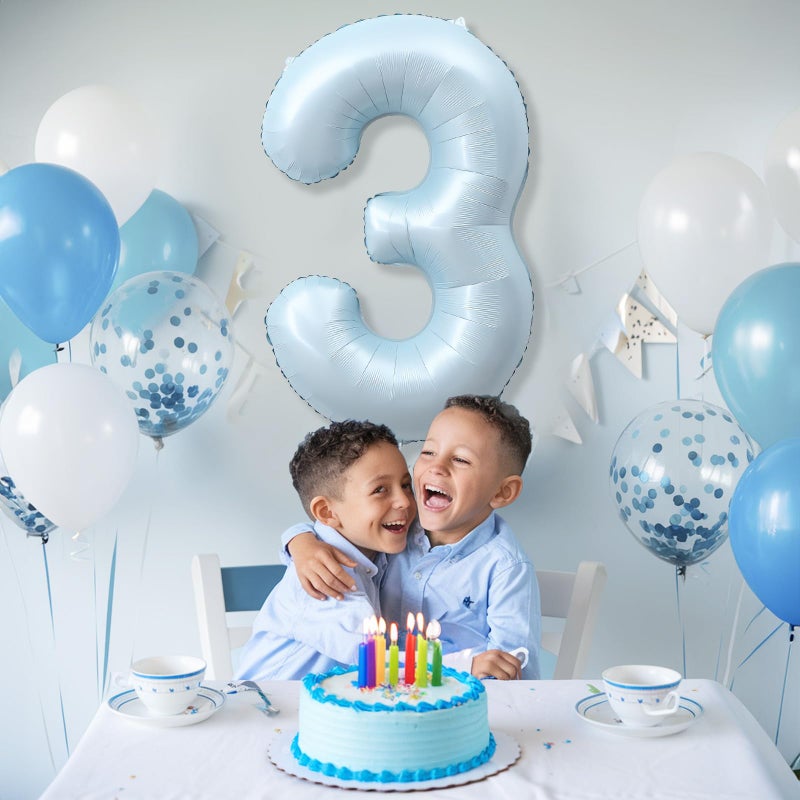 Froova 3rd Birthday Balloons for Boys, 40'' Foil Self Inflating Light Matte Blue Number 3 Balloon, Pastel Sky Blue Large Mylar 3 Balloon Number for Kids 3 Yeal Old Birthday Party Decor Anniversary Decoration - Image 3