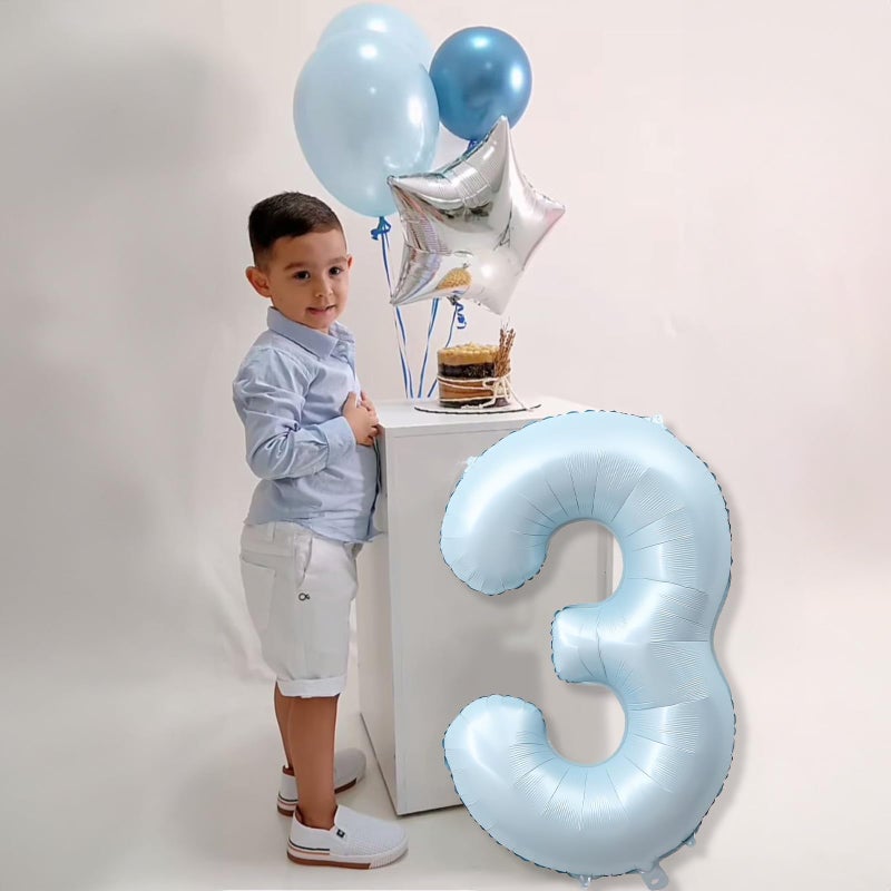 Froova 3rd Birthday Balloons for Boys, 40'' Foil Self Inflating Light Matte Blue Number 3 Balloon, Pastel Sky Blue Large Mylar 3 Balloon Number for Kids 3 Yeal Old Birthday Party Decor Anniversary Decoration - Image 4