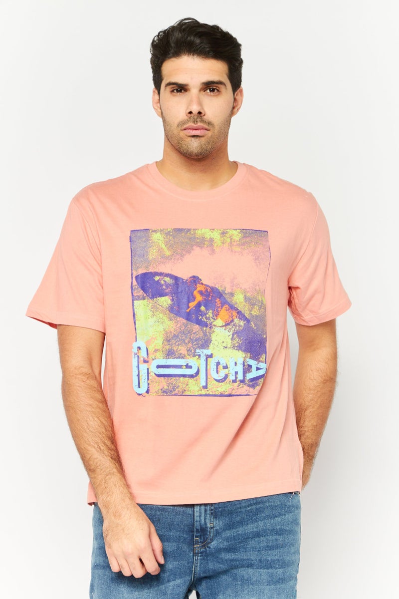 Gotcha Men Crew Neck Short Sleeves Brand logo T-Shirt, Coral - Image 1