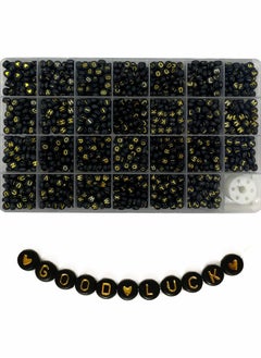 KASTWAVE KASTWAVE Black Letter Beads, Black Round Acrylic with Gold Alphabet Letter Beads Heart Pattern Beads and Crystal Line for Jewelry Making (Black&Gold, 1400pcs，4x7mm）  - Image 1