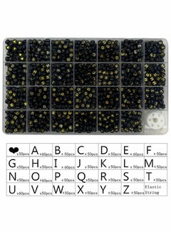 KASTWAVE KASTWAVE Black Letter Beads, Black Round Acrylic with Gold Alphabet Letter Beads Heart Pattern Beads and Crystal Line for Jewelry Making (Black&Gold, 1400pcs，4x7mm）  - Image 2