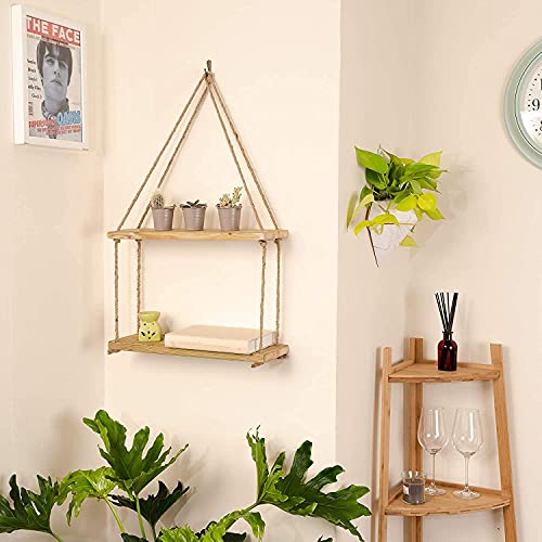SHREE HANS CREATION |Real Pine Wood Floating Shelves, Hanging Swing Rope Shelves, Rustic Wall Decor Swing Shelf, Wall Shelves for Living Room / Home / Office Decor (2 Tier, 8 x 5 Inch) - Image 1