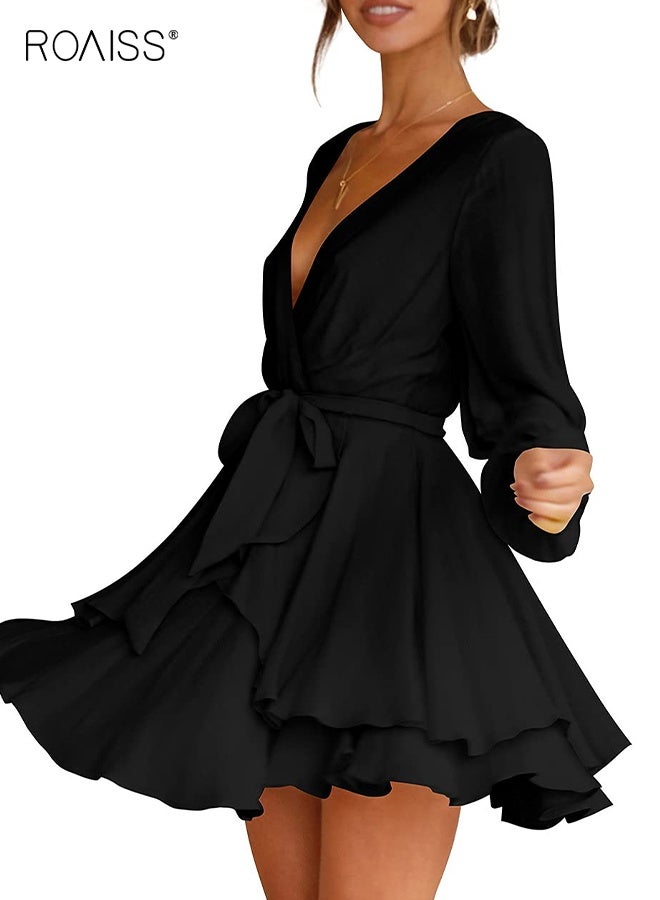 roaiss Women's Summer Dress Deep V-Neck Long Sleeve Waist Tie Ruffle Mini Swing Skater Dresses,Lightweight Fabric Black Wrap Dress,  High Waist Fit Casual and Formal Events - Image 1