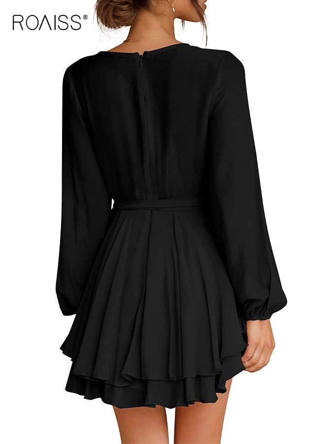 roaiss Women's Summer Dress Deep V-Neck Long Sleeve Waist Tie Ruffle Mini Swing Skater Dresses,Lightweight Fabric Black Wrap Dress,  High Waist Fit Casual and Formal Events - Image 2