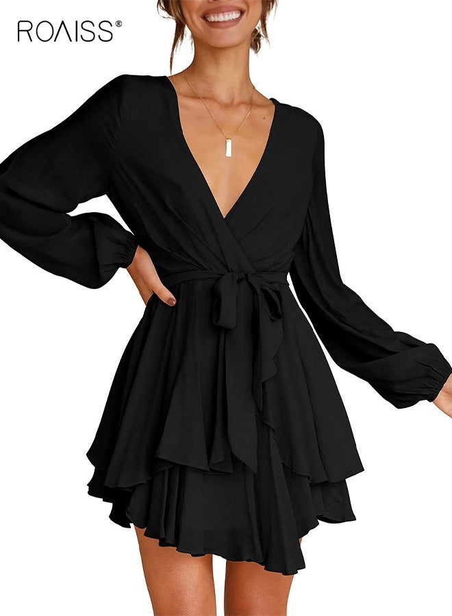 roaiss Women's Summer Dress Deep V-Neck Long Sleeve Waist Tie Ruffle Mini Swing Skater Dresses,Lightweight Fabric Black Wrap Dress,  High Waist Fit Casual and Formal Events - Image 3