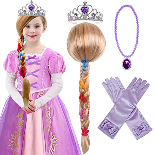 Yosbabe Princess Rapunzel Wig Rapunzel Braid with Princess Tiara Necklace Gloves Princess Rapunzel Dress Up Costume Cosplay Accessories for Kids Girls - Image 1
