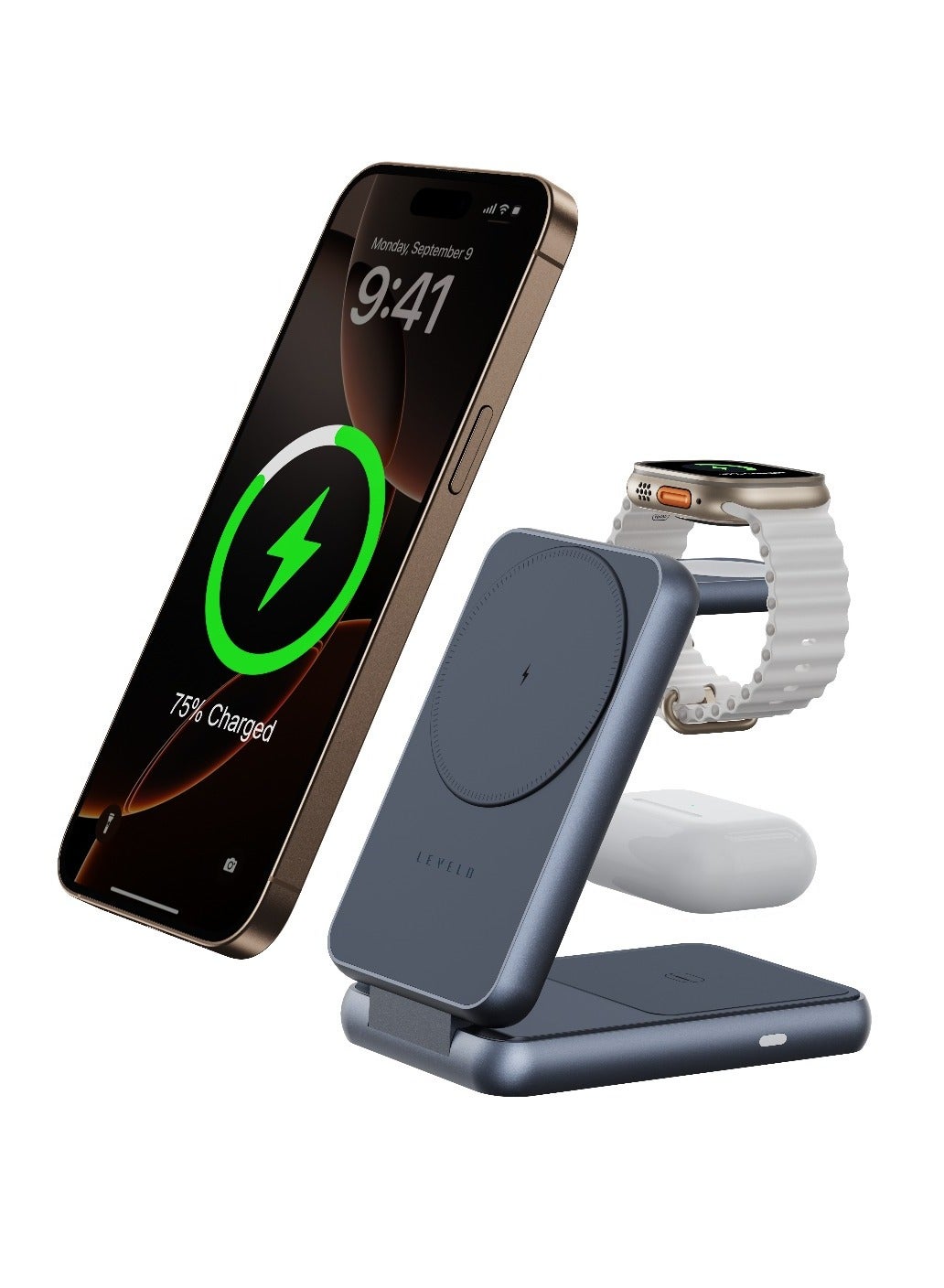 3 in 1 Foldable Wireless Charger with Short Circuit Protection & Over-Charge Protection / Over-Current Protection / iWatch Wireless Charger & Wireless MagSafe Charging / LED Indicator / Compact & Travel Friendly - Cloudy Grey