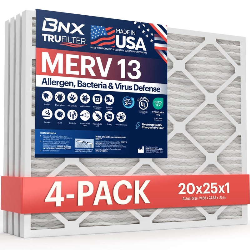 فلتر هواء BNX TruFilter 20x25x1 MERV 13 4Pack مصنوع في الولايات المتحدة الأمريكية فلتر هواء مكيف الهواء HVAC فرن للحد من الحساسية حبوب اللقاح العفن البكتيريا الدخان مسبب الحساسية MPR 1900 FPR 10