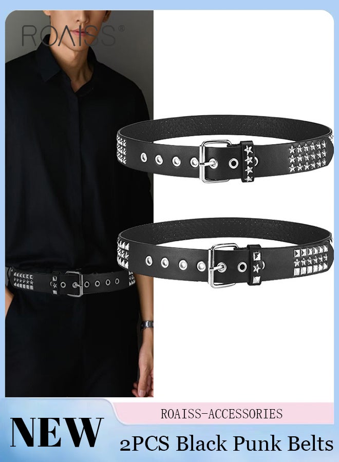 roaiss 2 Pcs Studded Belts, Black Punk Style Casual Belts with Star Rivets and Buckle, Rock Denim Belts, Suitable for Daily Wear with Jeans, Hip Hop Style - Image 1
