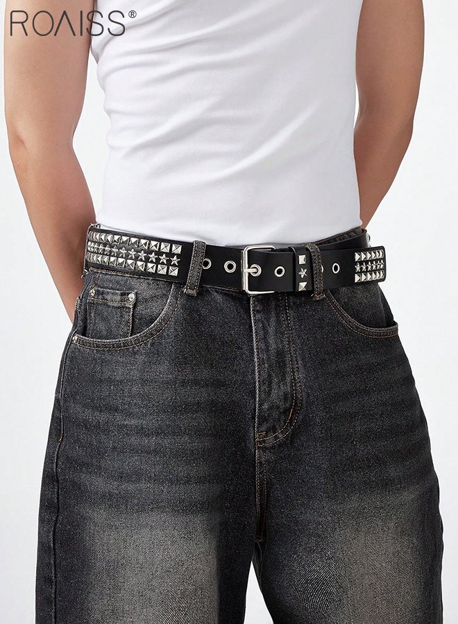 roaiss 2 Pcs Studded Belts, Black Punk Style Casual Belts with Star Rivets and Buckle, Rock Denim Belts, Suitable for Daily Wear with Jeans, Hip Hop Style - Image 2