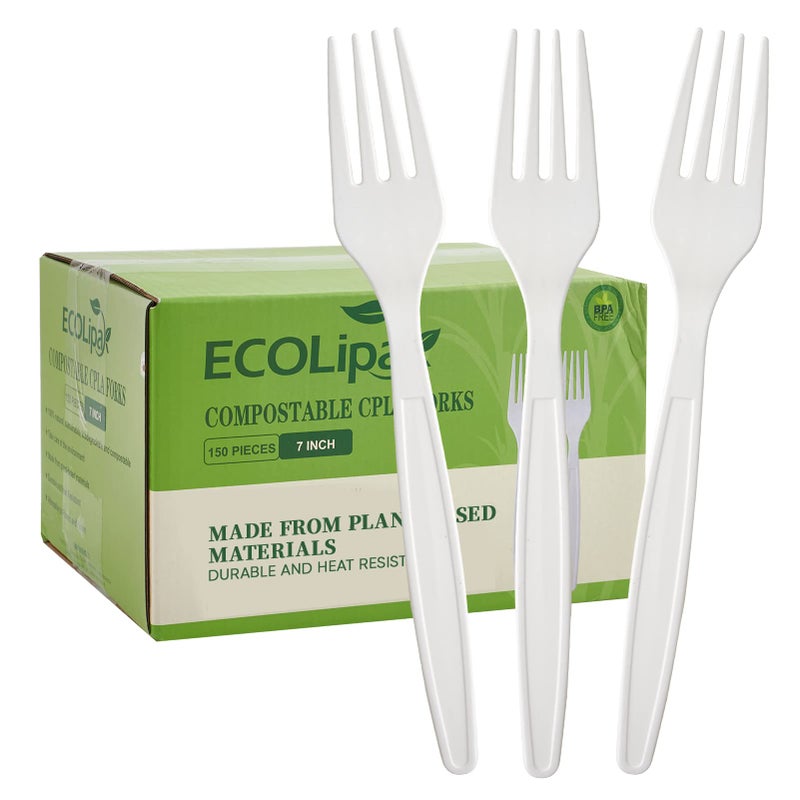 ECOLipak 100 Compostable Forks 150 Pack 7 Inch Large Size Biodegradable Disposable Cutlery Forks Heavy Duty Bio based CPLA Utensils for Party BBQ Picnic