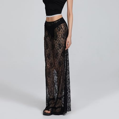 KMBANGI Women Lace Long Skirt Low Rise A-line Midi Skirt Y2K Summer Elegant Beach Party Maxi Skirts - Image 5