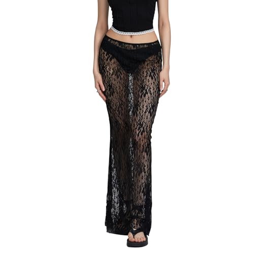KMBANGI Women Lace Long Skirt Low Rise A-line Midi Skirt Y2K Summer Elegant Beach Party Maxi Skirts - Image 1