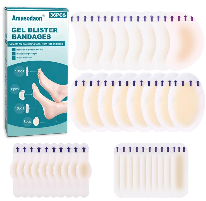 Amasodaon Foot Band-Aid, Hydrocolloid Gel Blister Bandages for Feet, Waterproof Blister Pads Cushions for Heel, Toe & Foot Prevention & Recovery, Foot Anti-Friction Pain Relief Blister Pad (36PCS) - Image 1