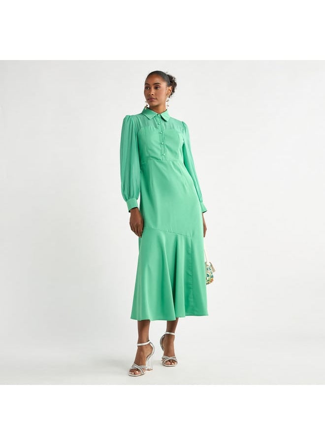 FAV - Solid A-line Shirt Dress with Long Sleeves - Image 1