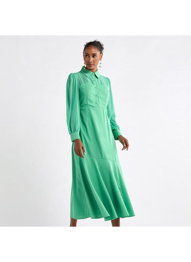 FAV - Solid A-line Shirt Dress with Long Sleeves - Image 1
