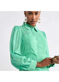 FAV Solid A-line Shirt Dress with Long Sleeves  - Image 4
