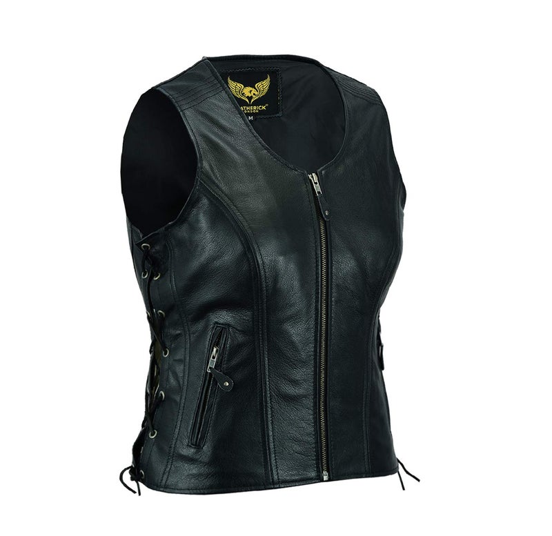 Leatherick Women Top Grain Genuine Buffalo Black Ladies Leather Vests for Motorcycle Bikers as1 alpha l regular regular Black Plain L