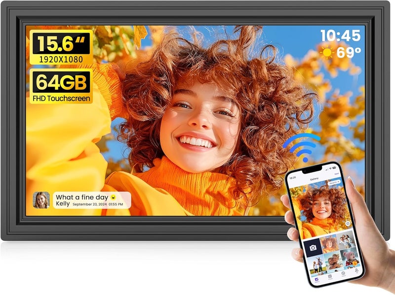 إطار صور رقمي كبير بحجم 15.6 بوصة وسعة 2.64 جيجابايت، من ماركة Uhale، مزود بشاشة تعمل بتقنية IPS بدقة 1920 × 1080 FHD وميزة اللمس، يدعم التدوير التلقائي، يمكن تثبيته على الحائط، ويدعم استخدام بطاقات SD وUSB، ويسمح بمشاركة الصور والفيديوهات من الهاتف فورًا. - Image 1