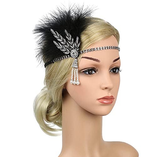 STIOEDYUAN 1920s Flapper Feather Headband Art Decor Gatsby Rhinestone Leaf Medallion imitation Pearl Headpiece Hair Accessories Women (Black) - Image 3