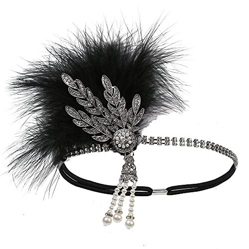 STIOEDYUAN 1920s Flapper Feather Headband Art Decor Gatsby Rhinestone Leaf Medallion imitation Pearl Headpiece Hair Accessories Women (Black) - Image 4