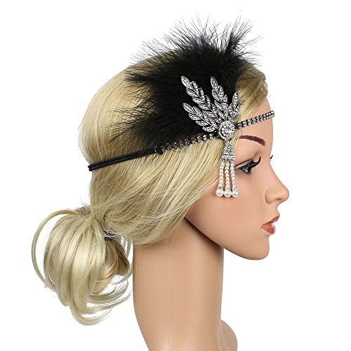 STIOEDYUAN 1920s Flapper Feather Headband Art Decor Gatsby Rhinestone Leaf Medallion imitation Pearl Headpiece Hair Accessories Women (Black) - Image 2
