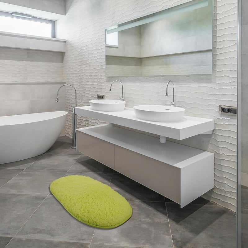 Non-Slip Bath Mat for Bathroom Floor, Oval Shower Rug 40x60cm, Green Sherpa Microfiber Bath Rug, Anti-Skid Soft Absorbent Carpet for Home Bathroom Use - Image 2