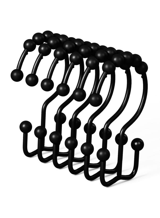 DAWNER Shower Curtain Hooks Rust Proof, Matte Black Stainless Steel Double Shower Curtain Hooks, Decorative Shower Curtain Glide Double Sided Hooks for Bathroom Shower Rod Curtains, Set of 12 Hooks - Image 1
