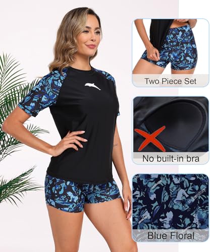 Halcurt Womens Swim Shorts and Shirt Set Sleeves Rash Guard Swimsuit Sun Protection Blue Floral S - Image 2